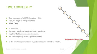 TIME COMPLEXITY
 Time complexity of all BST Operations = O(h).
 Here, h = Height of binary search tree
 Worst Case-
 In worst case,
 The binary search tree is a skewed binary search tree.
 Height of the binary search tree becomes n.
 So, Time complexity of BST Operations = O(n).
 In this case, binary search tree is as good as unordered list with no benefits.
3/5/2022
VELAMMAL ENGINEERING COLLEGE, Dept. of CSE 78
 