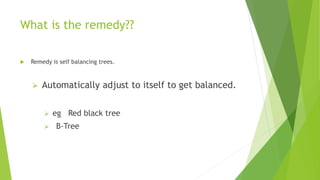 What is the remedy??
 Remedy is self balancing trees.
 Automatically adjust to itself to get balanced.
 eg Red black tree
 B-Tree
 