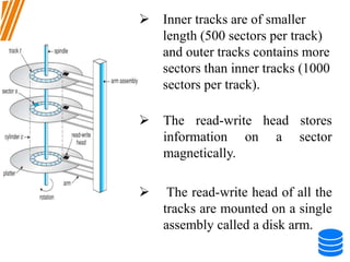  Inner tracks are of smaller
length (500 sectors per track)
and outer tracks contains more
sectors than inner tracks (1000
sectors per track).
 The read-write head stores
information on a sector
magnetically.
 The read-write head of all the
tracks are mounted on a single
assembly called a disk arm.
 