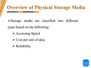 Overview of Physical Storage Media
Storage media are classified into different
types based on the following:
 Accessing Speed
 Cost per unit of data
 Reliability
 