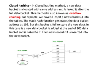 Closed hashing – In Closed hashing method, a new data
bucket is allocated with same address and is linked it after the
full data bucket. This method is also known as overflow
chaining. For example, we have to insert a new record D3 into
the tables. The static hash function generates the data bucket
address as 105. But this bucket is full to store the new data. In
this case is a new data bucket is added at the end of 105 data
bucket and is linked to it. Then new record D3 is inserted into
the new bucket.
 