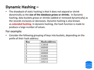 Dynamic Hashing –
• The drawback of static hashing is that it does not expand or shrink
dynamically as the size of the database grows or shrinks. In Dynamic
hashing, data buckets grows or shrinks (added or removed dynamically) as
the records increases or decreases. Dynamic hashing is also known
as extended hashing. In dynamic hashing, the hash function is made to
produce a large number of values.
For example:
• Consider the following grouping of keys into buckets, depending on the
prefix of their hash address:
 