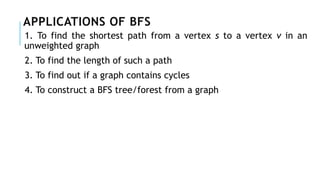 APPLICATIONS OF BFS
1. To find the shortest path from a vertex s to a vertex v in an
unweighted graph
2. To find the length of such a path
3. To find out if a graph contains cycles
4. To construct a BFS tree/forest from a graph
 