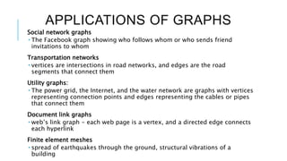 APPLICATIONS OF GRAPHS
Social network graphs
 The Facebook graph showing who follows whom or who sends friend
invitations to whom
Transportation networks
 vertices are intersections in road networks, and edges are the road
segments that connect them
Utility graphs:
 The power grid, the Internet, and the water network are graphs with vertices
representing connection points and edges representing the cables or pipes
that connect them
Document link graphs
 web’s link graph - each web page is a vertex, and a directed edge connects
each hyperlink
Finite element meshes
 spread of earthquakes through the ground, structural vibrations of a
building
 