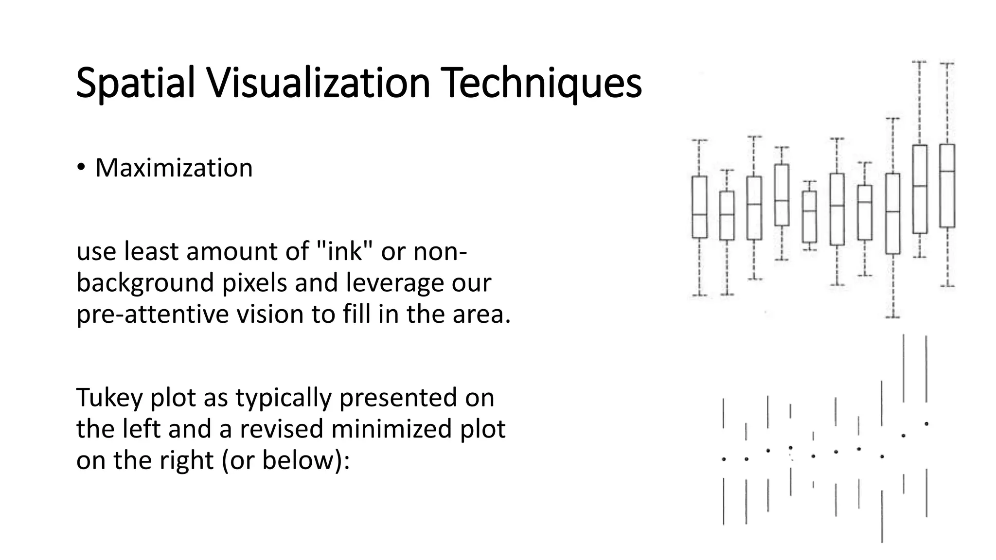 Spatial Visualization Techniques
• Maximization
use least amount of "ink" or non-
background pixels and leverage our
pre-attentive vision to fill in the area.
Tukey plot as typically presented on
the left and a revised minimized plot
on the right (or below):
 