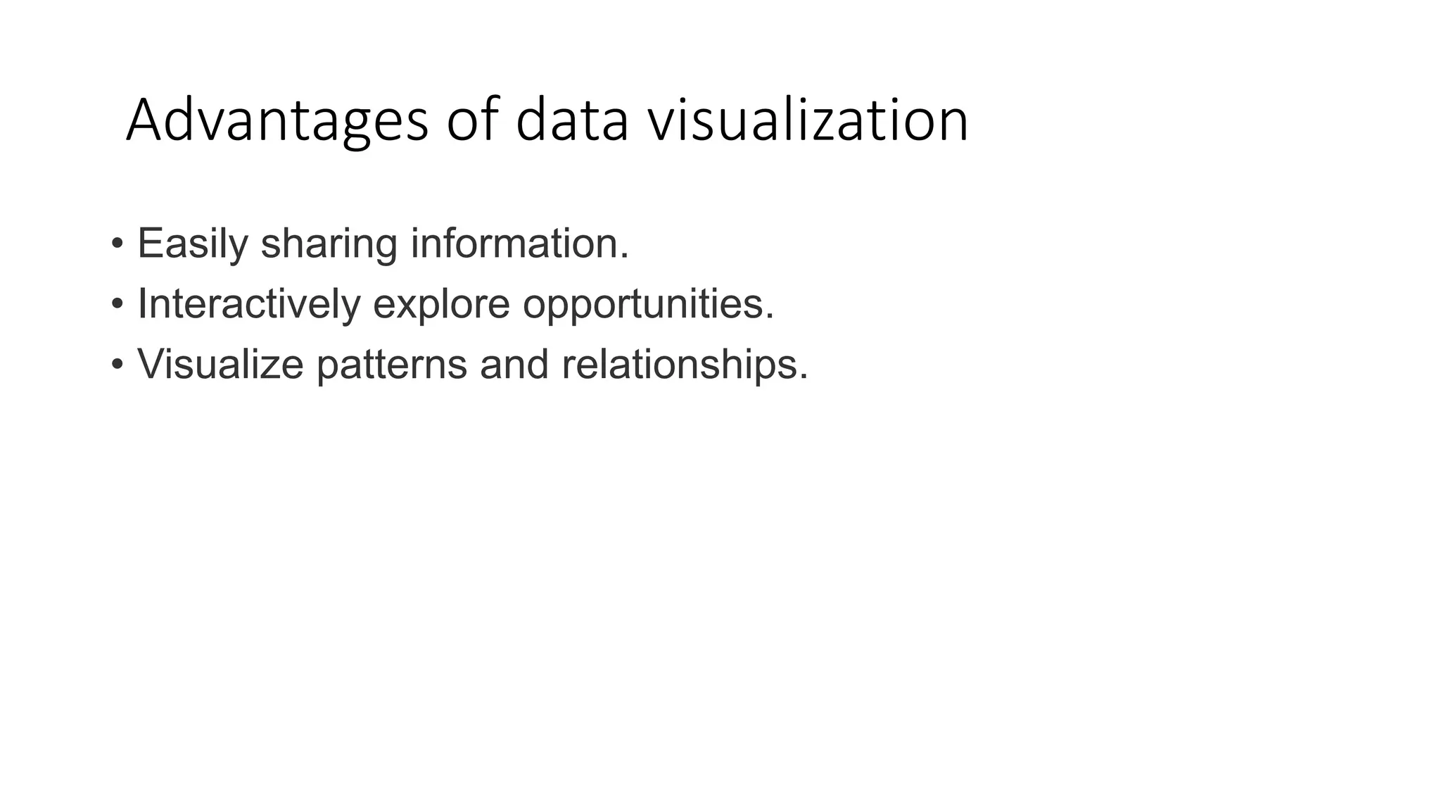 Advantages of data visualization
• Easily sharing information.
• Interactively explore opportunities.
• Visualize patterns and relationships.
 