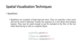 Spatial Visualization Techniques
• Sparklines
• Sparklines are examples of high data-ink ratios. They are typically a time series
and can be used to represent visually the sequence in a very dense and compact
manner. They may be small enough to just be included in the flow of the text
rather than having to refer to a separate figure.
 