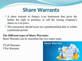 Warrants Financial Instruments Capital Market Instruments - Primary and Secondary | PPTX