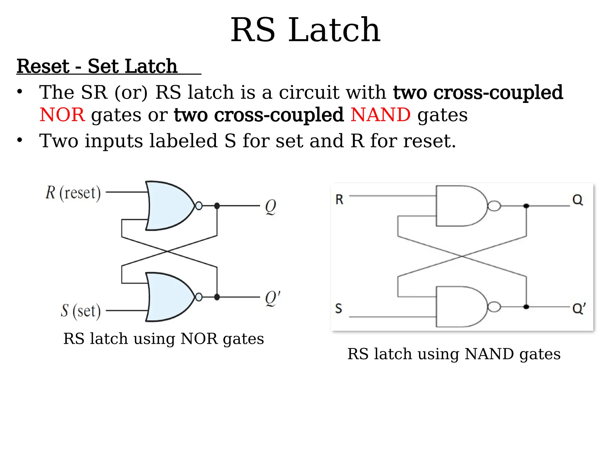 RS Latch
Reset - Set Latch
• The SR (or) RS latch is a circuit with two cross-coupled
NOR gates or two cross-coupled NAND gates
• Two inputs labeled S for set and R for reset.
RS latch using NAND gates
RS latch using NOR gates
 