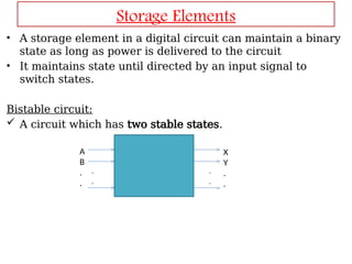 Storage Elements
• A storage element in a digital circuit can maintain a binary
state as long as power is delivered to the circuit
• It maintains state until directed by an input signal to
switch states.
Bistable circuit:
 A circuit which has two stable states.
.
.
.
.
A
B
.
.
X
Y
.
.
 