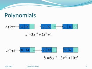 19/01/2025 FOP-DSA-Unit-III 31
Polynomials
1
2
3 8
14


 x
x
a
14
3 2 8 1 0 0
a.first
6
10
14
10
3
8 x
x
x
b 


8 14 -3 10 10 6
b.first
 
