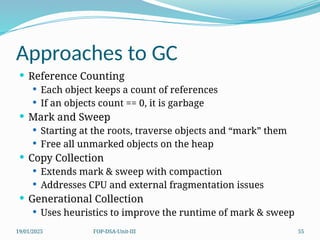 19/01/2025 FOP-DSA-Unit-III 55
Approaches to GC
 Reference Counting
 Each object keeps a count of references
 If an objects count == 0, it is garbage
 Mark and Sweep
 Starting at the roots, traverse objects and “mark” them
 Free all unmarked objects on the heap
 Copy Collection
 Extends mark & sweep with compaction
 Addresses CPU and external fragmentation issues
 Generational Collection
 Uses heuristics to improve the runtime of mark & sweep
 