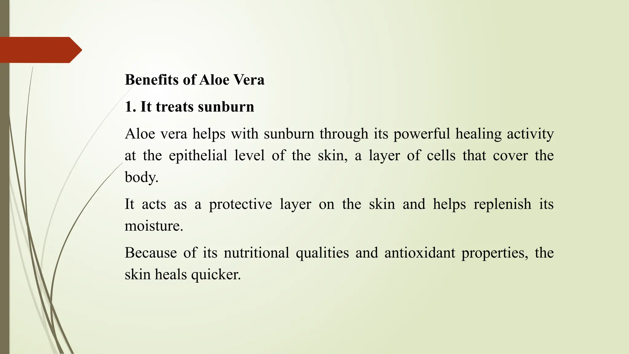 Benefits of Aloe Vera
1. It treats sunburn
Aloe vera helps with sunburn through its powerful healing activity
at the epithelial level of the skin, a layer of cells that cover the
body.
It acts as a protective layer on the skin and helps replenish its
moisture.
Because of its nutritional qualities and antioxidant properties, the
skin heals quicker.
 