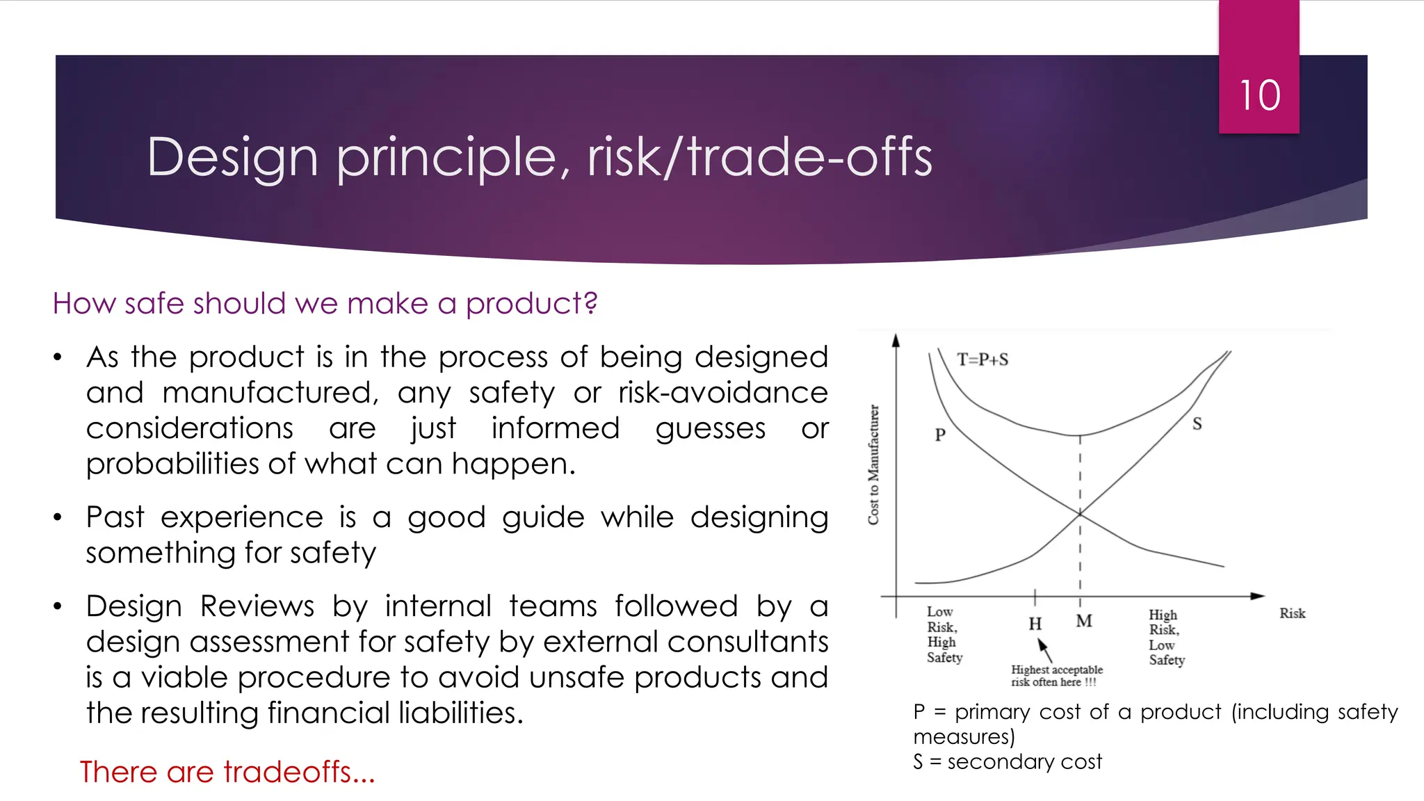 Design principle, risk/trade-offs
How safe should we make a product?
• As the product is in the process of being designed
and manufactured, any safety or risk-avoidance
considerations are just informed guesses or
probabilities of what can happen.
• Past experience is a good guide while designing
something for safety
• Design Reviews by internal teams followed by a
design assessment for safety by external consultants
is a viable procedure to avoid unsafe products and
the resulting financial liabilities.
10
There are tradeoffs...
P = primary cost of a product (including safety
measures)
S = secondary cost
 