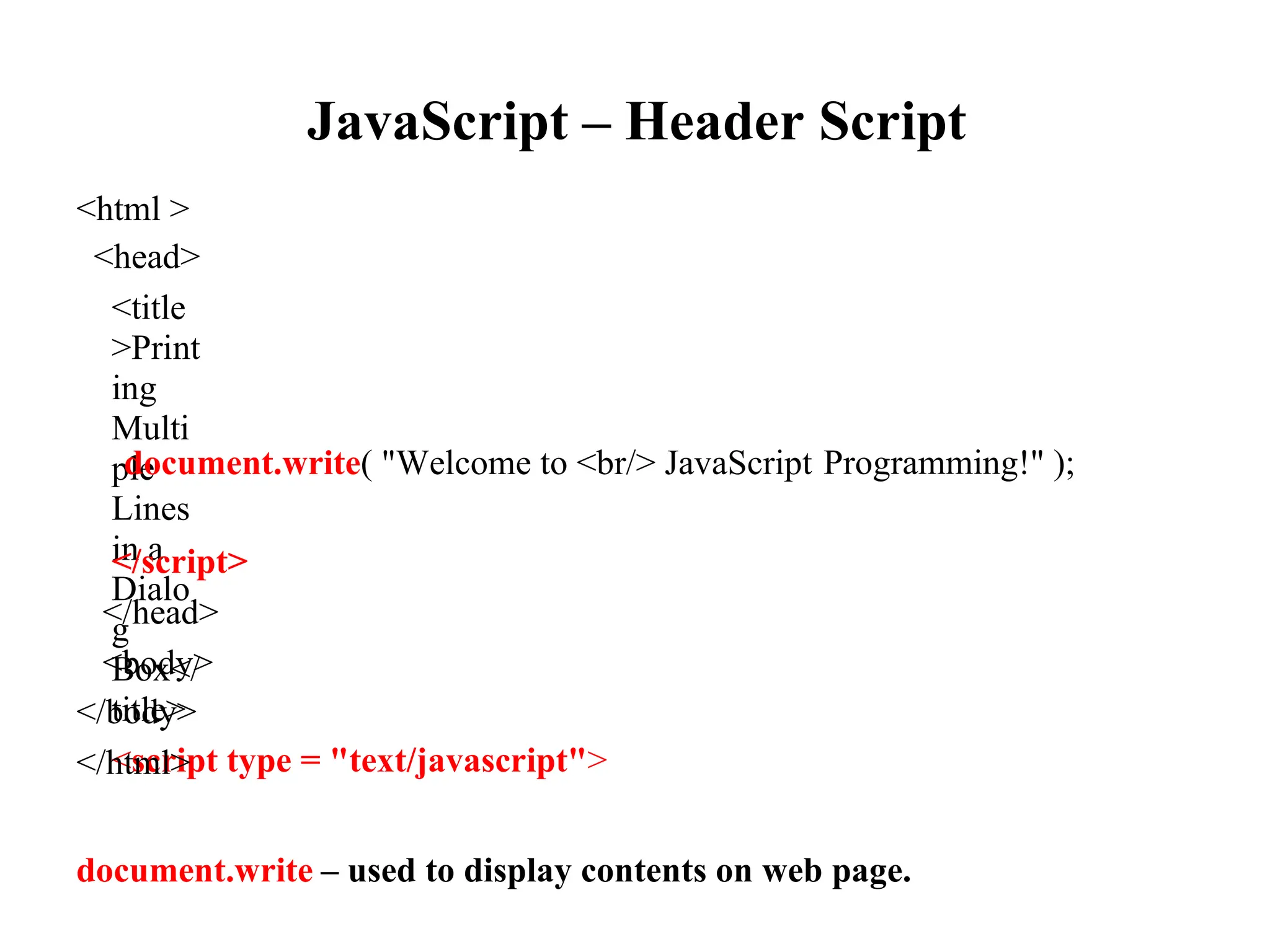 JavaScript – Header Script
<html >
<head>
<title
>Print
ing
Multi
ple
Lines
in a
Dialo
g
Box</
title>
<script type = "text/javascript">
document.write( "Welcome to <br/> JavaScript
</script>
</head>
<body>
</body>
</html>
Programming!" );
document.write – used to display contents on web page.
 