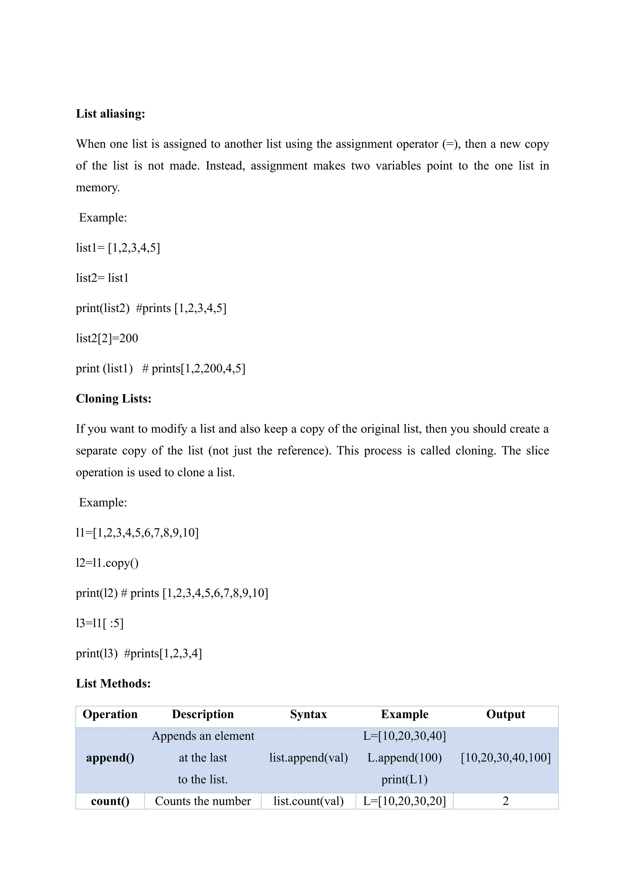 List aliasing:
When one list is assigned to another list using the assignment operator (=), then a new copy
of the list is not made. Instead, assignment makes two variables point to the one list in
memory.
Example:
list1= [1,2,3,4,5]
list2= list1
print(list2) #prints [1,2,3,4,5]
list2[2]=200
print (list1) # prints[1,2,200,4,5]
Cloning Lists:
If you want to modify a list and also keep a copy of the original list, then you should create a
separate copy of the list (not just the reference). This process is called cloning. The slice
operation is used to clone a list.
Example:
l1=[1,2,3,4,5,6,7,8,9,10]
l2=l1.copy()
print(l2) # prints [1,2,3,4,5,6,7,8,9,10]
l3=l1[ :5]
print(l3) #prints[1,2,3,4]
List Methods:
Operation Description Syntax Example Output
append()
Appends an element
at the last
to the list.
list.append(val)
L=[10,20,30,40]
L.append(100)
print(L1)
[10,20,30,40,100]
count() Counts the number list.count(val) L=[10,20,30,20] 2
 