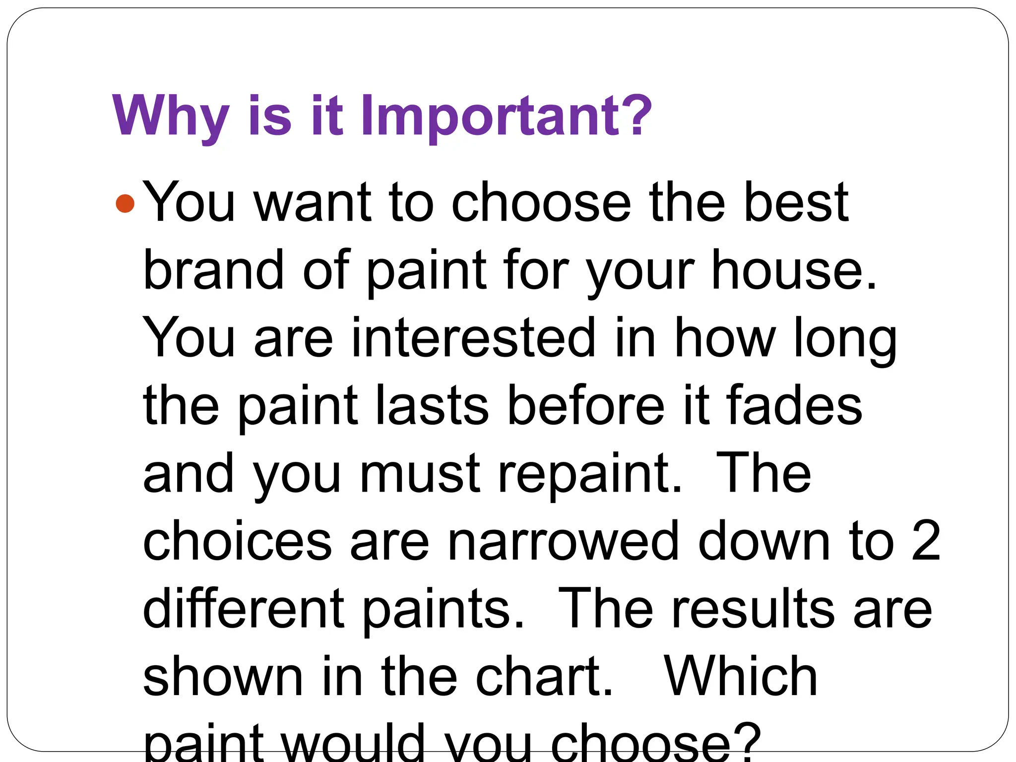 Why is it Important?
You want to choose the best
brand of paint for your house.
You are interested in how long
the paint lasts before it fades
and you must repaint. The
choices are narrowed down to 2
different paints. The results are
shown in the chart. Which
 