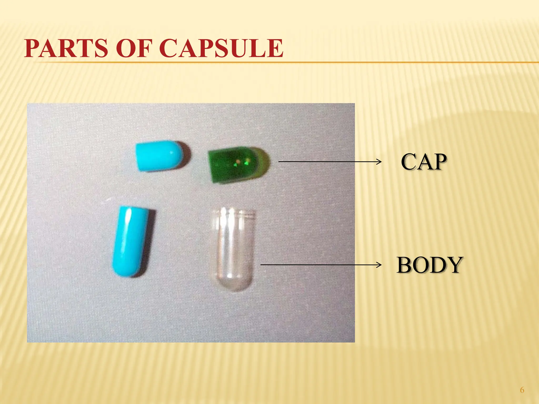 PARTS OF CAPSULE
6
CAP
BODY
 