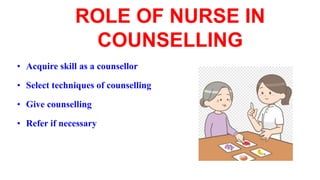 ROLE OF NURSE IN
COUNSELLING
• Acquire skill as a counsellor
• Select techniques of counselling
• Give counselling
• Refer if necessary
 