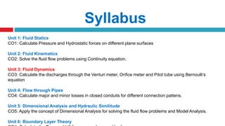 Syllabus
Unit 1: Fluid Statics
CO1: Calculate Pressure and Hydrostatic forces on different plane surfaces
Unit 2: Fluid Kinematics
CO2: Solve the fluid flow problems using Continuity equation.
Unit 3: Fluid Dynamics
CO3: Calculate the discharges through the Venturi meter, Orifice meter and Pitot tube using Bernoulli’s
equation
Unit 4: Flow through Pipes
CO4: Calculate major and minor losses in closed conduits for different connection pattens.
Unit 5: Dimensional Analysis and Hydraulic Similitude
CO5: Apply the concept of Dimensional Analysis for solving the fluid flow problems and Model Analysis.
Unit 6: Boundary Layer Theory
 