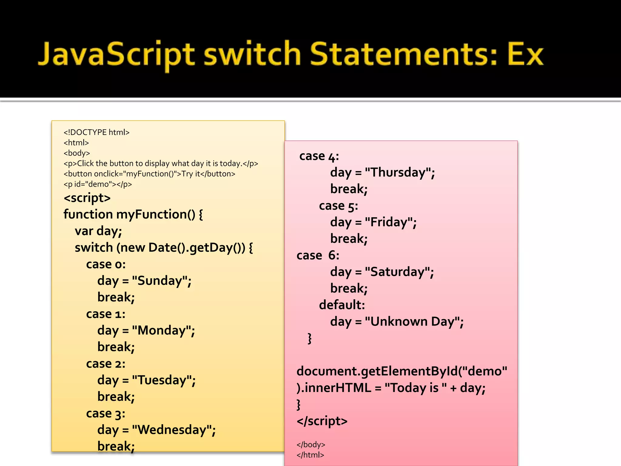 <!DOCTYPE html>
<html>
<body>
<p>Click the button to display what day it is today.</p>
<button onclick="myFunction()">Try it</button>
<p id="demo"></p>
<script>
function myFunction() {
var day;
switch (new Date().getDay()) {
case 0:
day = "Sunday";
break;
case 1:
day = "Monday";
break;
case 2:
day = "Tuesday";
break;
case 3:
day = "Wednesday";
break;
case 4:
day = "Thursday";
break;
case 5:
day = "Friday";
break;
case 6:
day = "Saturday";
break;
default:
day = "Unknown Day";
}
document.getElementById("demo"
).innerHTML = "Today is " + day;
}
</script>
</body>
</html>
 