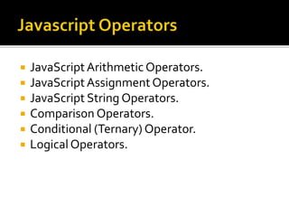  JavaScriptArithmetic Operators.
 JavaScriptAssignment Operators.
 JavaScript String Operators.
 Comparison Operators.
 Conditional (Ternary) Operator.
 LogicalOperators.
 