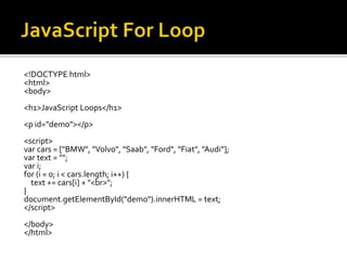 <!DOCTYPE html>
<html>
<body>
<h1>JavaScript Loops</h1>
<p id="demo"></p>
<script>
var cars = ["BMW", "Volvo", "Saab", "Ford", "Fiat", "Audi"];
var text = "";
var i;
for (i = 0; i < cars.length; i++) {
text += cars[i] + "<br>";
}
document.getElementById("demo").innerHTML = text;
</script>
</body>
</html>
 
