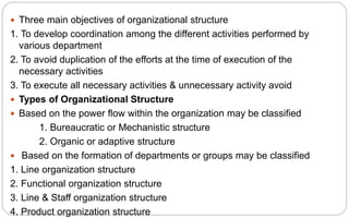  Three main objectives of organizational structure
1. To develop coordination among the different activities performed by
various department
2. To avoid duplication of the efforts at the time of execution of the
necessary activities
3. To execute all necessary activities & unnecessary activity avoid
 Types of Organizational Structure
 Based on the power flow within the organization may be classified
1. Bureaucratic or Mechanistic structure
2. Organic or adaptive structure
 Based on the formation of departments or groups may be classified
1. Line organization structure
2. Functional organization structure
3. Line & Staff organization structure
4. Product organization structure
 