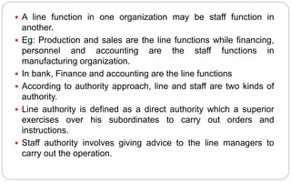  A line function in one organization may be staff function in
another.
 Eg: Production and sales are the line functions while financing,
personnel and accounting are the staff functions in
manufacturing organization.
 In bank, Finance and accounting are the line functions
 According to authority approach, line and staff are two kinds of
authority.
 Line authority is defined as a direct authority which a superior
exercises over his subordinates to carry out orders and
instructions.
 Staff authority involves giving advice to the line managers to
carry out the operation.
 