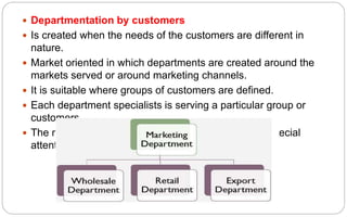  Departmentation by customers
 Is created when the needs of the customers are different in
nature.
 Market oriented in which departments are created around the
markets served or around marketing channels.
 It is suitable where groups of customers are defined.
 Each department specialists is serving a particular group or
customers.
 The needs of each group of customers are given a special
attention.
 