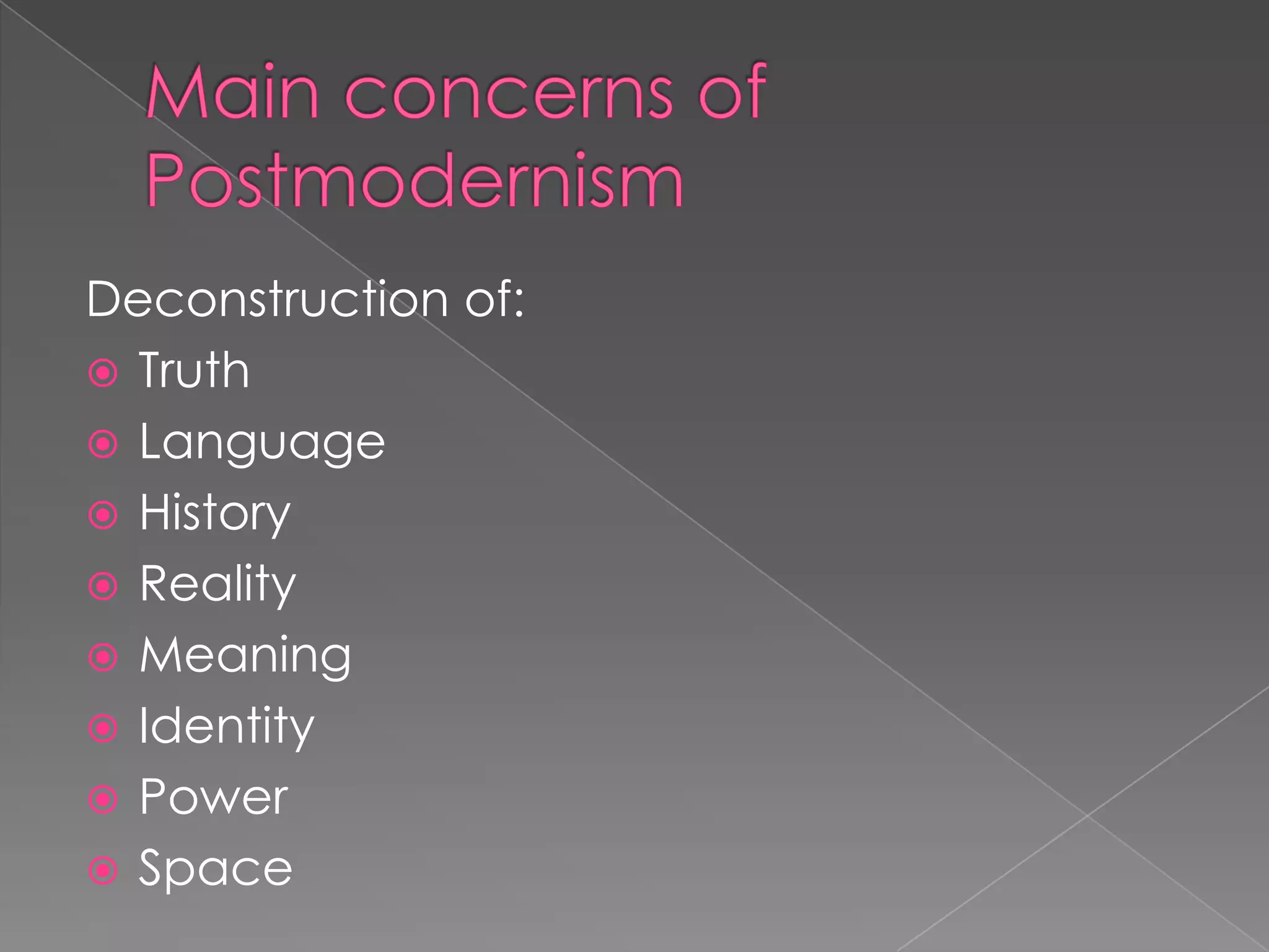 Main concerns of PostmodernismDeconstruction of:TruthLanguageHistoryRealityMeaningIdentityPowerSpace