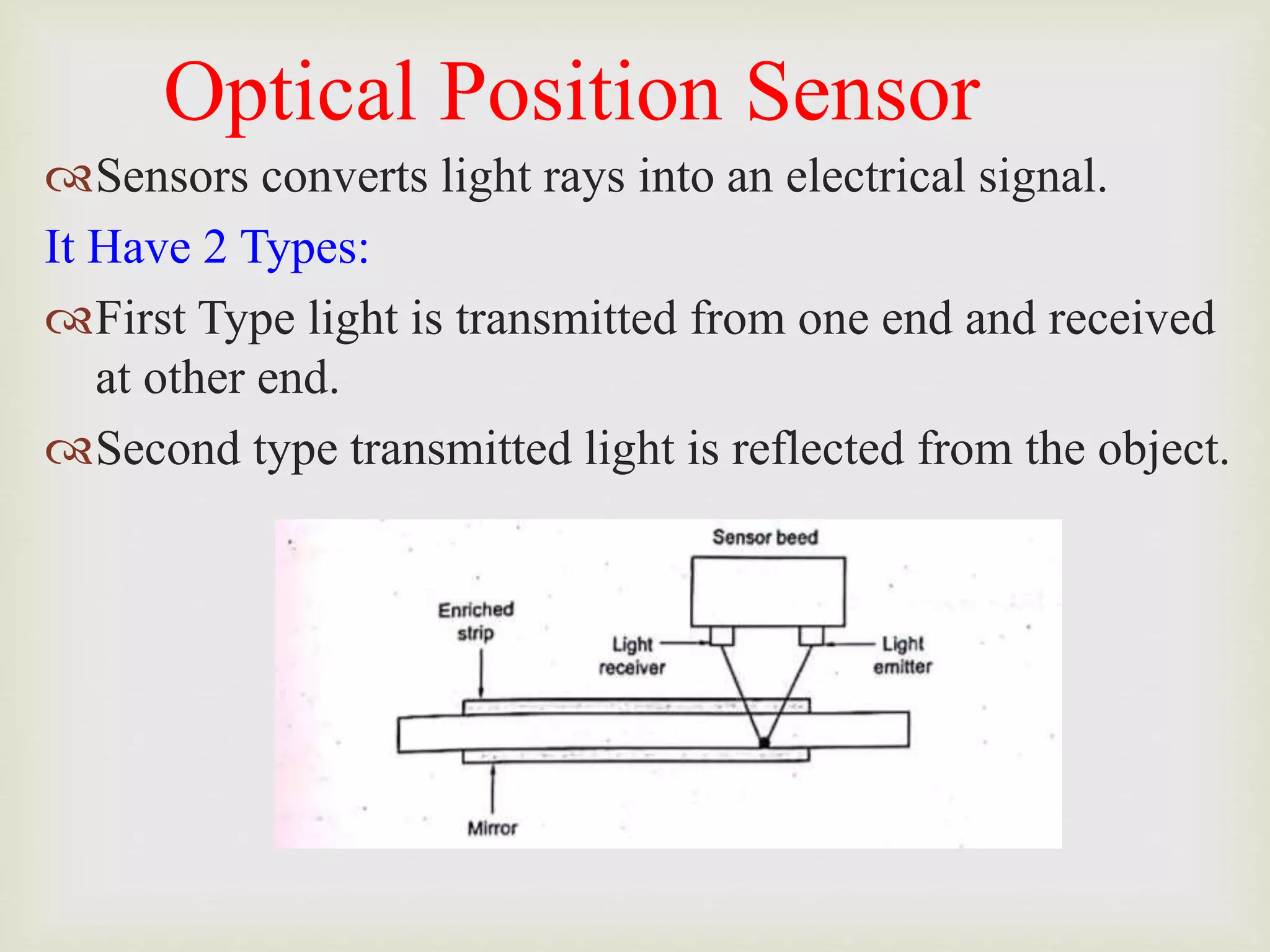 Optical Position Sensor
Sensors converts light rays into an electrical signal.
It Have 2 Types:
First Type light is transmitted from one end and received
at other end.
Second type transmitted light is reflected from the object.
 