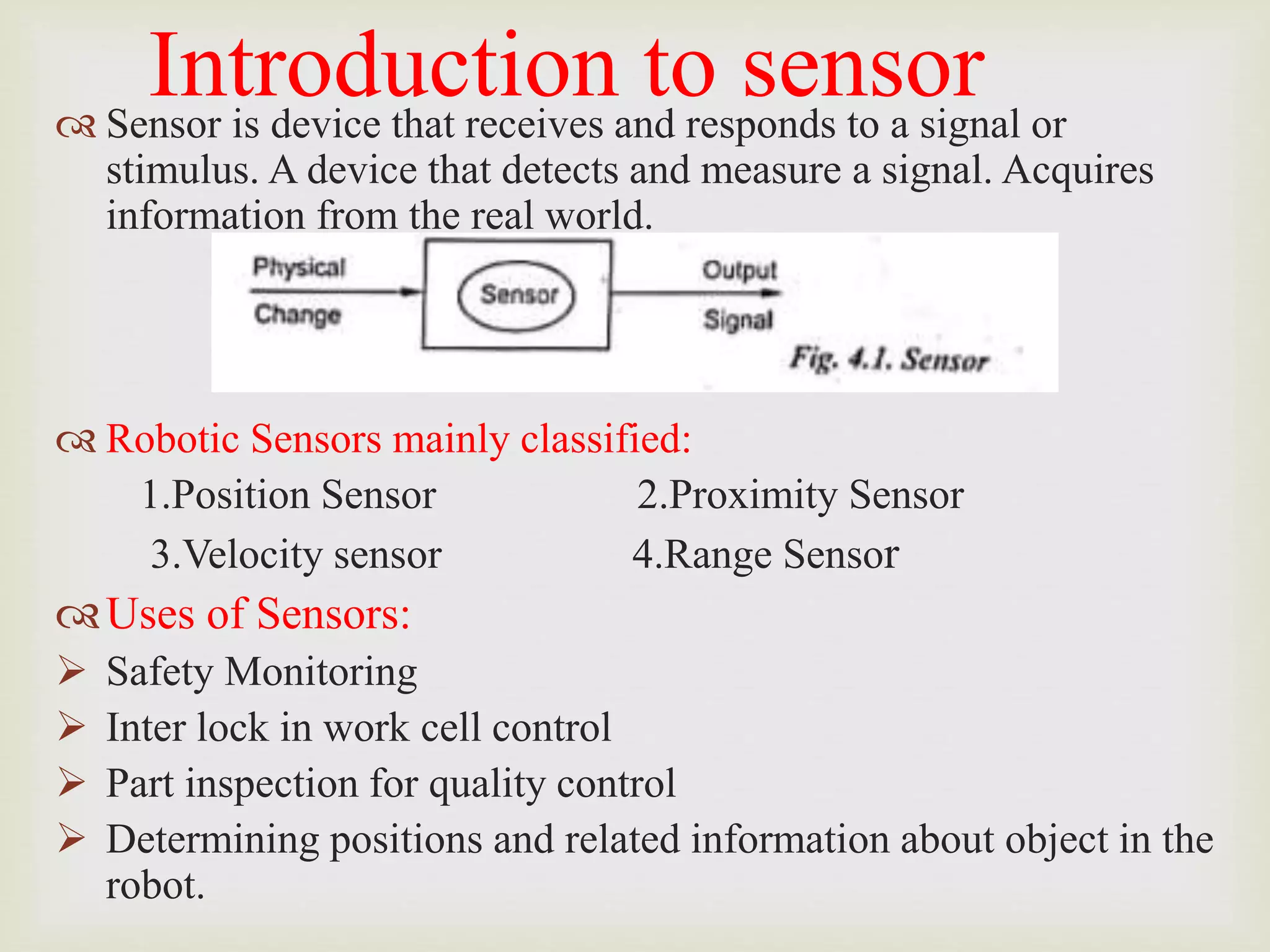 Introduction to sensor
 Sensor is device that receives and responds to a signal or
stimulus. A device that detects and measure a signal. Acquires
information from the real world.
 Robotic Sensors mainly classified:
1.Position Sensor 2.Proximity Sensor
3.Velocity sensor 4.Range Sensor
Uses of Sensors:
 Safety Monitoring
 Inter lock in work cell control
 Part inspection for quality control
 Determining positions and related information about object in the
robot.
 