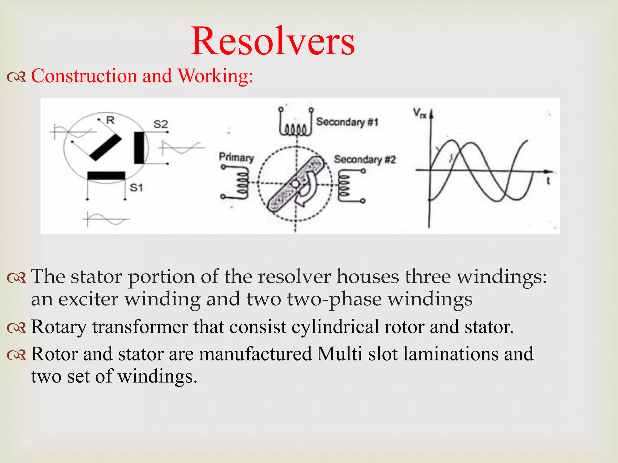 Resolvers
 Construction and Working:
 The stator portion of the resolver houses three windings:
an exciter winding and two two-phase windings
 Rotary transformer that consist cylindrical rotor and stator.
 Rotor and stator are manufactured Multi slot laminations and
two set of windings.
 
