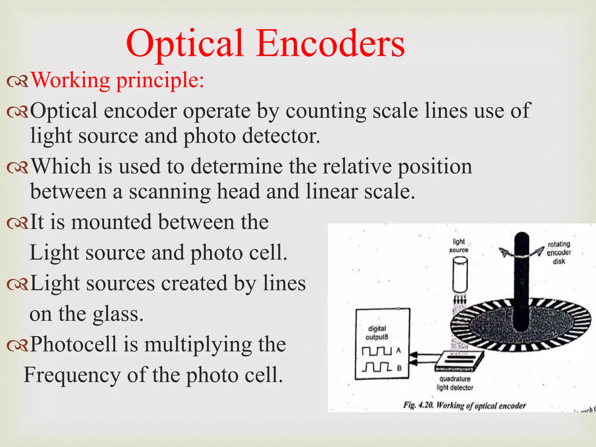 Optical Encoders
Working principle:
Optical encoder operate by counting scale lines use of
light source and photo detector.
Which is used to determine the relative position
between a scanning head and linear scale.
It is mounted between the
Light source and photo cell.
Light sources created by lines
on the glass.
Photocell is multiplying the
Frequency of the photo cell.
 