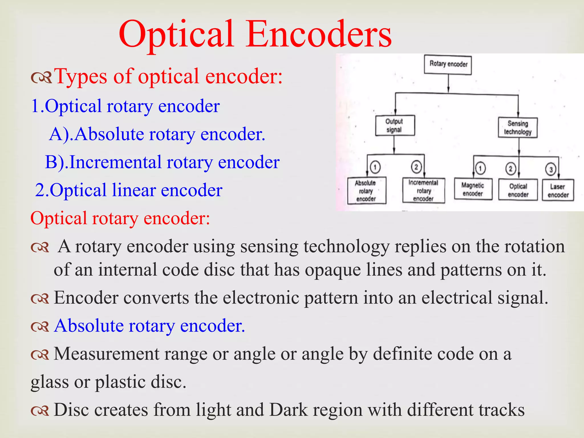 Optical Encoders
Types of optical encoder:
1.Optical rotary encoder
A).Absolute rotary encoder.
B).Incremental rotary encoder
2.Optical linear encoder
Optical rotary encoder:
 A rotary encoder using sensing technology replies on the rotation
of an internal code disc that has opaque lines and patterns on it.
 Encoder converts the electronic pattern into an electrical signal.
 Absolute rotary encoder.
 Measurement range or angle or angle by definite code on a
glass or plastic disc.
 Disc creates from light and Dark region with different tracks
 
