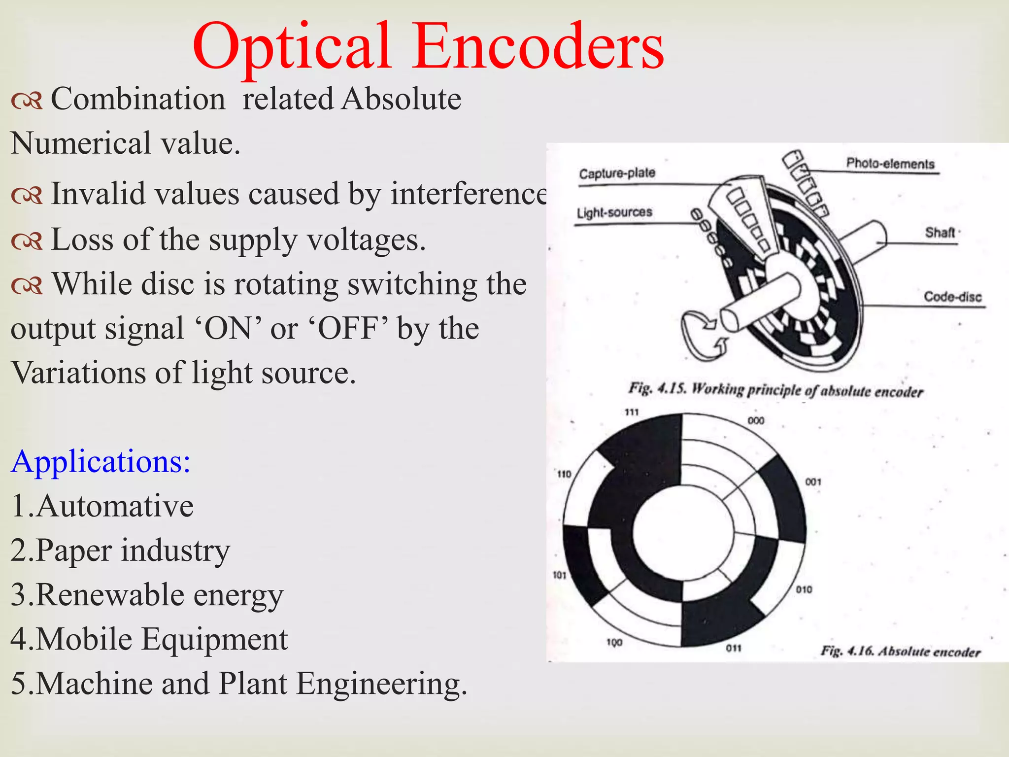 Optical Encoders
 Combination related Absolute
Numerical value.
 Invalid values caused by interference.
 Loss of the supply voltages.
 While disc is rotating switching the
output signal ‘ON’ or ‘OFF’ by the
Variations of light source.
Applications:
1.Automative
2.Paper industry
3.Renewable energy
4.Mobile Equipment
5.Machine and Plant Engineering.
 