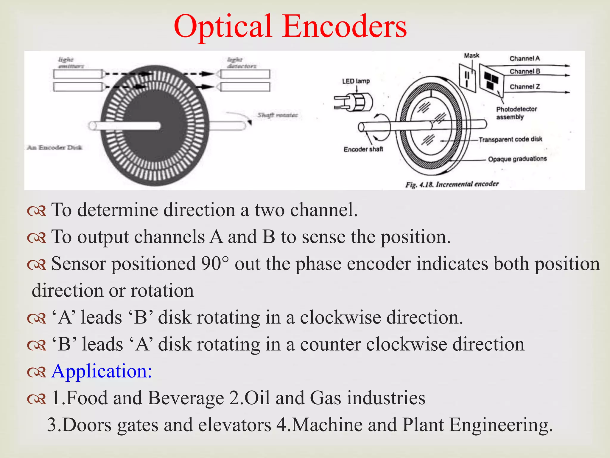 Optical Encoders
 To determine direction a two channel.
 To output channels A and B to sense the position.
 Sensor positioned 90° out the phase encoder indicates both position
direction or rotation
 ‘A’ leads ‘B’ disk rotating in a clockwise direction.
 ‘B’ leads ‘A’ disk rotating in a counter clockwise direction
 Application:
 1.Food and Beverage 2.Oil and Gas industries
3.Doors gates and elevators 4.Machine and Plant Engineering.
 