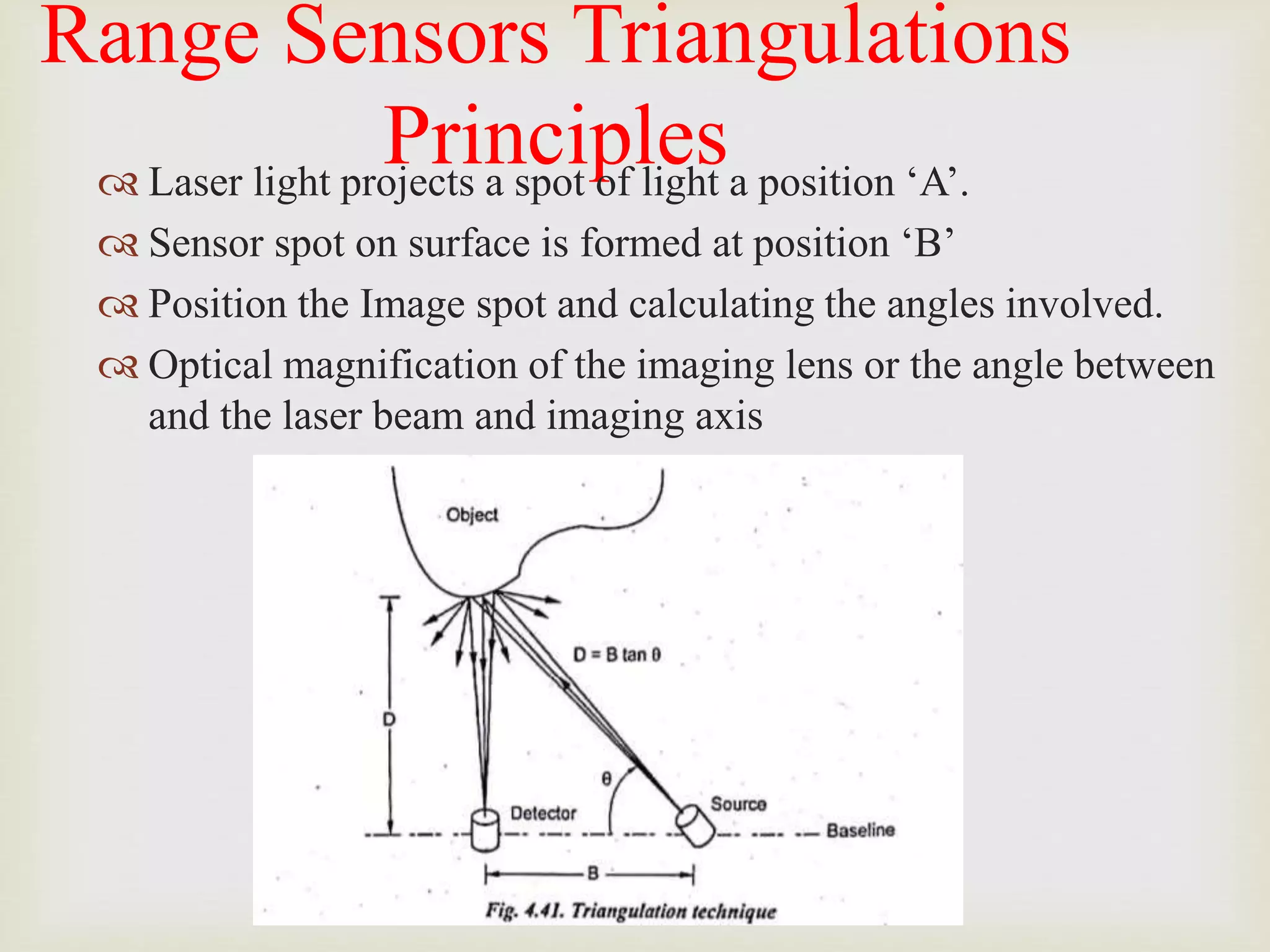 Range Sensors Triangulations
Principles
 Laser light projects a spot of light a position ‘A’.
 Sensor spot on surface is formed at position ‘B’
 Position the Image spot and calculating the angles involved.
 Optical magnification of the imaging lens or the angle between
and the laser beam and imaging axis
 