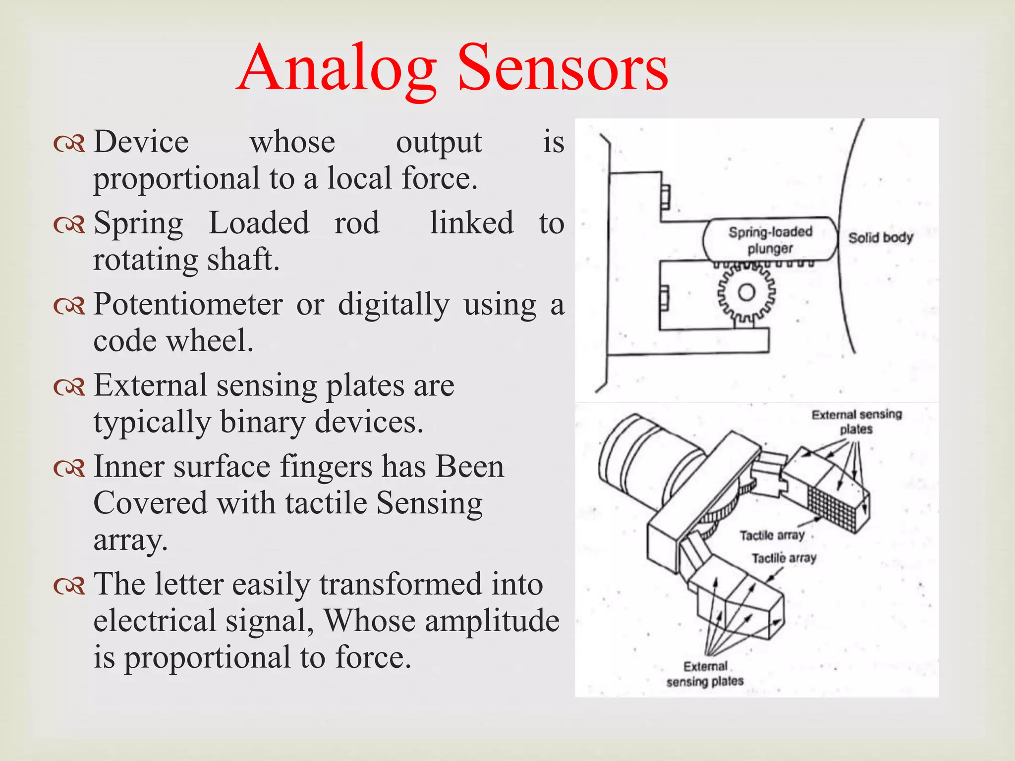 Analog Sensors
 Device whose output is
proportional to a local force.
 Spring Loaded rod linked to
rotating shaft.
 Potentiometer or digitally using a
code wheel.
 External sensing plates are
typically binary devices.
 Inner surface fingers has Been
Covered with tactile Sensing
array.
 The letter easily transformed into
electrical signal, Whose amplitude
is proportional to force.
 