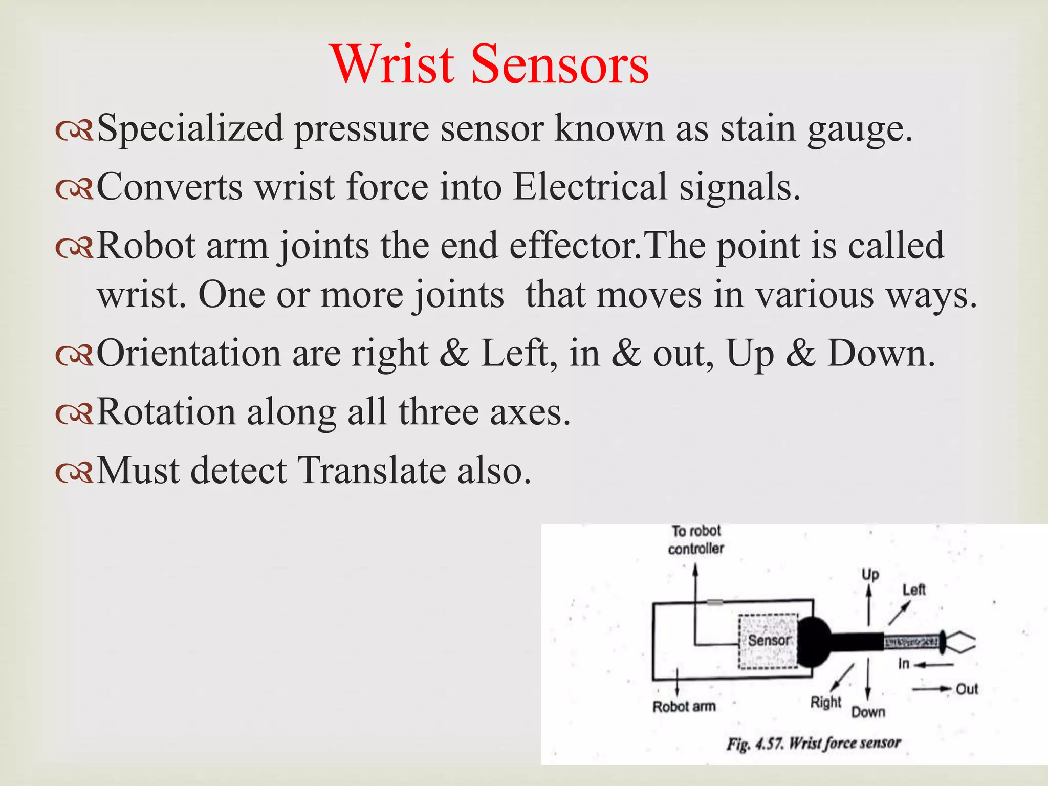 Wrist Sensors
Specialized pressure sensor known as stain gauge.
Converts wrist force into Electrical signals.
Robot arm joints the end effector.The point is called
wrist. One or more joints that moves in various ways.
Orientation are right & Left, in & out, Up & Down.
Rotation along all three axes.
Must detect Translate also.
 