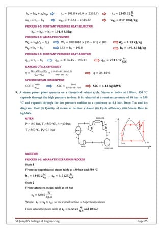 St. Joseph’s College of Engineering Page 25
h4 = hf4 + x4hfg4 h4 = 191.8 + (0.9 × 2392.8) 𝐡𝟒 = 𝟐𝟑𝟒𝟓. 𝟑𝟐
𝐤𝐉
𝐤𝐠
wT2
.
= h3 − h4 wT2 = 3162.4 − 2345.32 𝐰𝐓𝟐 = 𝟖𝟏𝟕. 𝟎𝟖𝐤𝐉/𝐤𝐠
Process 4-5: Constant pressure heat rejection
𝐡𝐟𝟒 = 𝐡𝐟𝟓 = 𝐡𝟓 = 𝟏𝟗𝟏. 𝟖 𝐤𝐉/𝐤𝐠
Process 5-6: Adiabatic pumping
Wp = vf4(𝑃6 − 𝑃5) Wp = 0.001010 × (35 − 0.1) × 100 𝐖𝐩 = 𝟑. 𝟓𝟑 𝐤𝐉/𝐤𝐠
Wp = h6 − h5 3.53 = h6 − 191.8 𝐡𝟔 = 𝟏𝟗𝟓. 𝟑𝟑 𝐤𝐉/𝐤𝐠
Process 5-6: Constant pressure heat addition
qs1 = h1 − h6 qs1 = 3106.45 − 195.33 𝐪𝐬𝟏 = 𝟐𝟗𝟏𝟏. 𝟏𝟐
𝐤𝐉
𝐤𝐠.𝐊
Rankine cycle efficiency
𝜂 =
WT1+WT2−Wp
Qs1+ Qs2
=
339.05+817.08−3.53
395+2911.12
𝜼 = 𝟑𝟒. 𝟖𝟔%
Specific steam consumption
𝑆𝑆𝐶 =
3600
𝑊𝑛𝑒𝑡
𝑆𝑆𝐶 =
3600
339.05+817.08
𝐒𝐒𝐂 = 𝟑. 𝟏𝟐 𝐤𝐠/𝐤𝐖𝐡
9. A steam power plant operates on a theoretical reheat cycle. Steam at boiler at 150bar, 550 °C
expands through the high pressure turbine. It is reheated at a constant pressure of 40 bar to 550
°C and expands through the low pressure turbine to a condenser at 0.1 bar. Draw T-s and h-s
diagram. Find (i) Quality of steam at turbine exhaust (ii) Cycle efficiency (iii) Steam Rate in
kg/kWh.
Given:
P1=150 bar, T1=550 ºC, P3=40 bar,
T3=550 ºC, P4=0.1 bar
Solution:
Process 1-2: Adiabatic expansion process
State 1
From the superheated steam table at 150 bar and 550 ºC
𝐡𝟏 = 𝟑𝟒𝟒𝟓. 𝟐
𝐤𝐉
𝐤𝐠
, 𝐬𝟏 = 𝟔. 𝟓𝟏𝟐𝟓
𝐤𝐉
𝐤𝐠.𝐤
State 2
From saturated steam table at 40 bar
sg = 6.069
𝑘𝐽
𝑘𝑔. 𝐾
Where, 𝐬𝟏 = 𝐬𝟐 > sg , so the exit of turbine is Superheated steam
From saturated steam table at 𝐬𝟐 = 𝟔. 𝟓𝟏𝟐𝟓
𝐤𝐉
𝐤𝐠.𝐤
and 40 bar
 