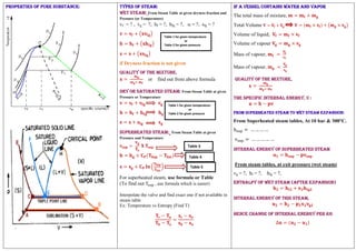 Properties of Pure substance: Types of steam:
Wet Steam: From Steam Table at given dryness fraction and
Pressure (or Temperature)
vf = ? , vg = ?, hf = ?, hfg = ?, sf = ?, sfg = ?
𝐯 = 𝐯𝐟 + (𝐱𝐯𝐟𝐠)
𝐡 = 𝐡𝐟 + (𝐱𝐡𝐟𝐠)
𝐬 = 𝐬 + (𝐱𝐬𝐟𝐠)
if Dryness fraction is not given
Quality of the mixture,
𝐱 =
𝐦𝐠
𝐦𝐠+ 𝐦𝐟
or find out from above formula
Dry or saturated Steam: From Steam Table at given
Pressure or Temperature
𝐯 = 𝐯𝐟 + 𝐯𝐟𝐠 𝐯𝐠
𝐡 = 𝐡𝐟 + 𝐡𝐟𝐠 𝐡𝐠
𝐬 = 𝐬 + 𝐬𝐟𝐠 𝐬𝐠
Superheated Steam: From Steam Table at given
Pressure and Temperature
𝐯𝐬𝐮𝐩 =
𝐯𝐠
𝐓𝐬
𝐗 𝐓𝐬𝐮𝐩
𝐡 = 𝐡𝐠 + 𝐂𝐏(𝐓𝐒𝐮𝐩 − 𝐓𝐒𝐚𝐭)
𝐬 = 𝐬𝐠 + 𝐂𝐏 𝐥𝐧 (
𝐓𝐒𝐮𝐩
𝐓𝐒𝐚𝐭
)
For superheated steam, use formula or Table
(To find out Tsup , use formula which is easier)
Interpolate the valve and find exact one if not available in
steam table
Ex: Temperature vs Entropy (Find T)
𝐓𝐫 − 𝐓𝐚
𝐓𝐛 − 𝐓𝐚
=
𝐬𝐫 − 𝐬𝐚
𝐬𝐛 − 𝐬𝐚
If a vessel contains Water and Vapor
The total mass of mixture, 𝐦 = 𝐦𝐟 + 𝐦𝐠
Total Volume 𝐕 = 𝐕𝐟 + 𝐕𝐠 𝐕 = (𝐦𝐟 × 𝐯𝐟) + (𝐦𝐠 × 𝐯𝐠)
Volume of liquid, 𝐕𝐟 = 𝐦𝐟 × 𝐯𝐟
Volume of vapour 𝐕𝐠 = 𝐦𝐠 × 𝐯𝐠
Mass of vapour, 𝐦𝐟 =
𝐕𝐟
𝐯𝐟
Mass of vapour, 𝐦𝐠 =
𝐕𝐠
𝐯𝐠
Quality of the mixture,
𝐱 =
𝐦𝐠
𝐦𝐠+ 𝐦𝐟
The specific internal energy, u :
𝐮 = 𝐡 − 𝐩𝐯
From Superheated steam to Wet Steam Expansion:
From Superheated steam tables, At 10 bar & 300°C.
hsup = … … … …
vsup = … … … … …
Internal energy of superheated steam
𝐮𝟏 = 𝐡𝐬𝐮𝐩 − 𝐩𝐯𝐬𝐮𝐩
From steam tables, at exit pressure (wet steam)
vg = ?, hf = ?, hfg = ?,
Enthalpy of wet steam (after expansion)
𝐡𝟐 = 𝐡𝐟𝟐 + 𝐱𝟐𝐡𝐟𝐠𝟐
Internal energy of this steam,
𝐮𝟐 = 𝐡𝟐 − 𝐩𝟐𝐱𝟐𝐯𝐠𝟐
Hence change of internal energy per kg
∆𝐮 = (𝐮𝟐 − 𝐮𝟏)
Table 1 for given temperature
or
Table 2 for given pressure
Table 1 for given temperature
or
Table 2 for given pressure
Table 3
Table 4
Table 5
 