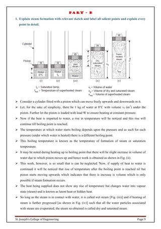 St. Joseph’s College of Engineering Page 9
PART – B
1. Explain steam formation with relevant sketch and label all salient points and explain every
point in detail.
 Consider a cylinder fitted with a piston which can move freely upwards and downwards in it.
 Let, for the sake of simplicity, there be 1 kg of water at 0°C with volume vf (m3
) under the
piston. Further let the piston is loaded with load W to ensure heating at constant pressure.
 Now if the heat is imparted to water, a rise in temperature will be noticed and this rise will
continue till boiling point is reached.
 The temperature at which water starts boiling depends upon the pressure and as such for each
pressure (under which water is heated) there is a different boiling point.
 This boiling temperature is known as the temperature of formation of steam or saturation
temperature.
 It may be noted during heating up to boiling point that there will be slight increase in volume of
water due to which piston moves up and hence work is obtained as shown in Fig. (ii).
 This work, however, is so small that is can be neglected. Now, if supply of heat to water is
continued it will be noticed that rise of temperature after the boiling point is reached nil but
piston starts moving upwards which indicates that there is increase is volume which is only
possible if steam formation occurs.
 The heat being supplied does not show any rise of temperature but changes water into vapour
state (steam) and is known as latent heat or hidden heat.
 So long as the steam is in contact with water, it is called wet steam [Fig. (iii)] and if heating of
steam is further progressed [as shown in Fig. (iv)] such that all the water particles associated
with steam are evaporated, the steam so obtained is called dry and saturated steam.
 