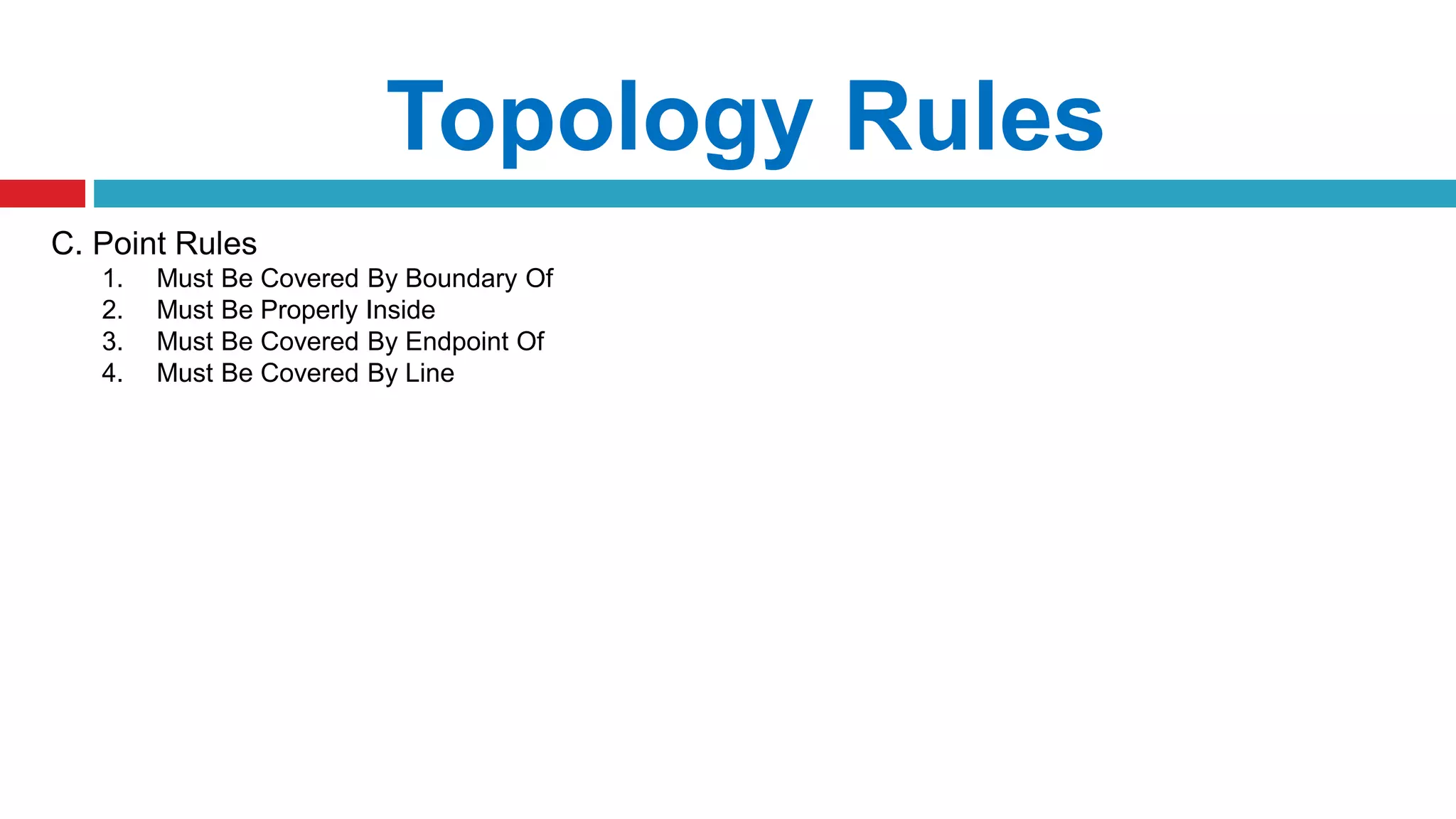 Topology Rules
C. Point Rules
1. Must Be Covered By Boundary Of
2. Must Be Properly Inside
3. Must Be Covered By Endpoint Of
4. Must Be Covered By Line
 