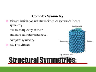 Complex Symmetry
⦿ Viruses which don not show either icoshedral or helical
symmetry
due to complexity of their
structure are referred to have
complex symmetry.
⦿ Eg. Pox viruses
StructuralSymmetries:
 