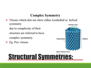 Complex Symmetry
 Viruses which don not show either icoshedral or helical
symmetry
due to complexity of their
structure are referred to have
complex symmetry.
 Eg. Pox viruses
Structural Symmetries:
 