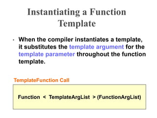 Instantiating a Function
Template
• When the compiler instantiates a template,
it substitutes the template argument for the
template parameter throughout the function
template.
Function < TemplateArgList > (FunctionArgList)
TemplateFunction Call
 