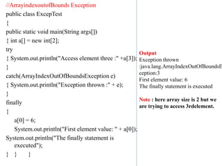 //ArrayindexoutofBounds Exception
public class ExcepTest
{
public static void main(String args[])
{ int a[] = new int[2];
try
{ System.out.println("Access element three :" +a[3]);
}
catch(ArrayIndexOutOfBoundsException e)
{ System.out.println("Exception thrown :" + e);
}
finally
{
a[0] = 6;
System.out.println("First element value: " + a[0]);
System.out.println("The finally statement is
executed");
} } }
Output
Exception thrown
:java.lang.ArrayIndexOutOfBoundsE
ception:3
First element value: 6
The finally statement is executed
Note : here array size is 2 but we
are trying to access 3rdelement.
 