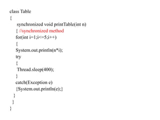 class Table
{
synchronized void printTable(int n)
{ //synchronized method
for(int i=1;i<=5;i++)
{
System.out.println(n*i);
try
{
Thread.sleep(400);
}
catch(Exception e)
{System.out.println(e);}
}
}
}
 